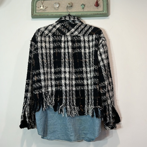 Charlie Luciano Tweed Patchwork denim Shirt shacket Black oversized medium top - Picture 9 of 9